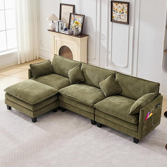 108" Modular Sectional Couches for Living Room with Ottoman, L Shaped Cloud Couch with Charger, USB & Type-c Port, Comfy 4 Seats Sofas with Deep Seat, Chenille Fabric, Green