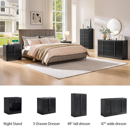 Black Fluted Dresser for Bedroom, Chest of Drawers, 48" Tall 6 Drawer Dresser, Curved Profile Design, Modern Wooden Chest of Drawers with Solid Wood Handle for Living Room, Bedroom