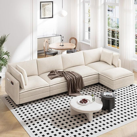 Vesgantti 143" L Shaped Modular Sectional Sofa, Comfy Corduroy Upholstered Modular Sectional Couches for Living Room, Modern Cloud Couch with Ottoman Deep Seat, Beige