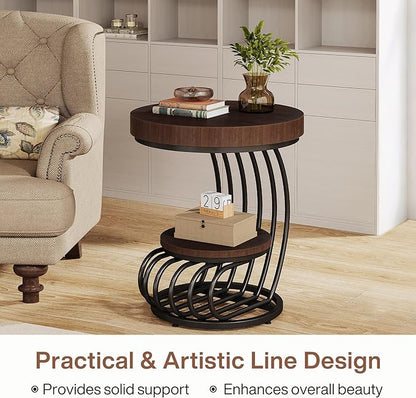 Tribesigns Round End Table Set of 2, 2-Tier Farmhose Wood Side Table with Shelf Storage, Small Sofa Side Bedside Nightstand, Accent Furniture for Living Room, Rustic Brown