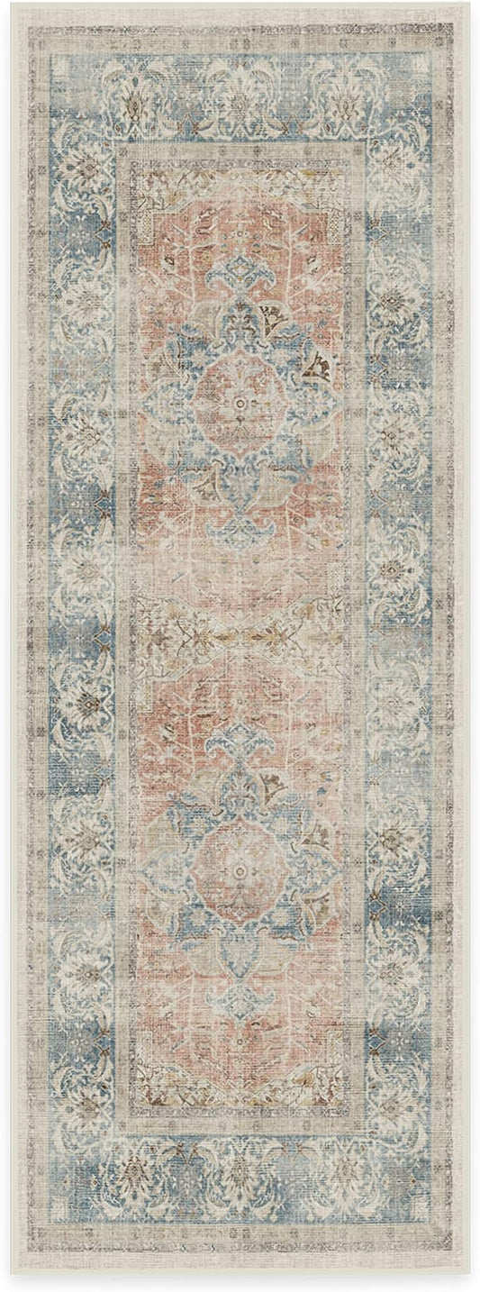 RUGGABLE Washable Vintage Runner Rug – Sarrah Coral 2.5x7, Stain-Resistant, Non-Slip Hallway Runner – Machine Washable Rug for Hallway, Entryway, Living Room & Kitchen–with Cushioned Pad