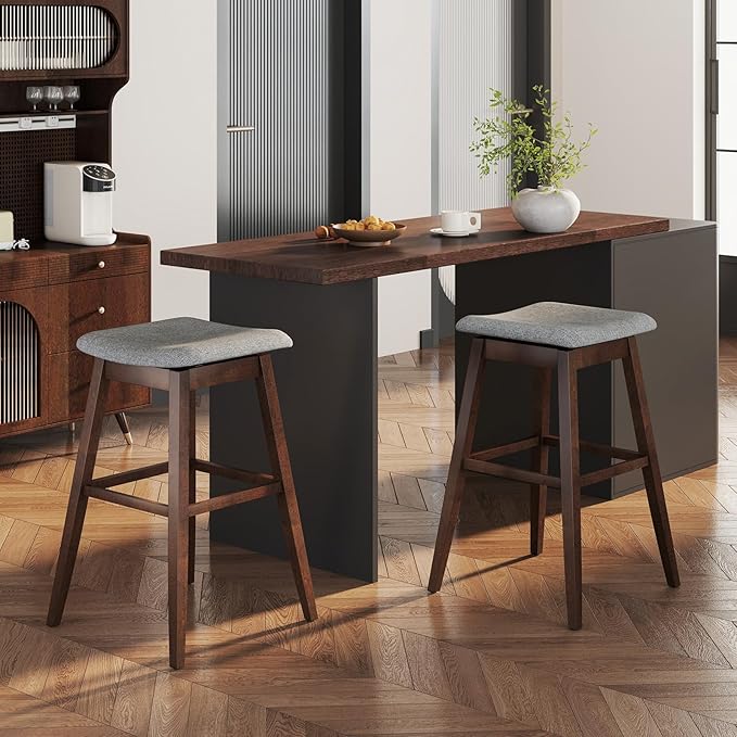 COSTWAY Swivel Bar Stools Set of 4, 30-inch Height Backless Upholstered Chairs with Padded Contoured Seat, Rubber Wood Legs, Footrest, Linen Fabric Barstools for Kitchen Counter Island, Grey+Brown