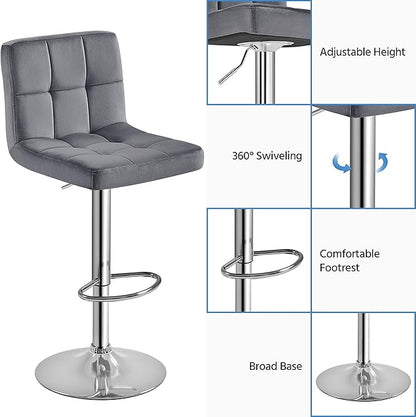 Yaheetech Bar Stools Set of 2, Adjustable Velvet Fabric Swivel Barstools, Modern Counter Stools with Back and Footrest, Counter Height Barstools for Bar, Kitchen, Dining Room, Dark Gray