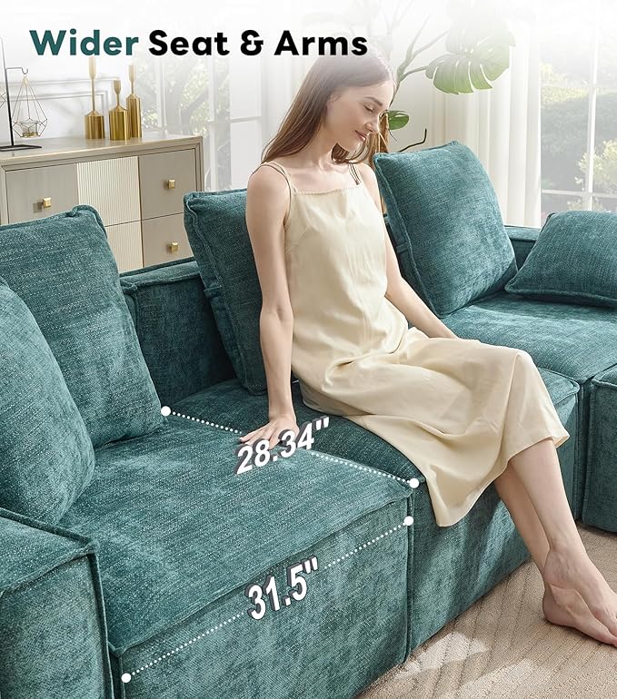 WILLOVE 109'' Modular Sectional Sofa, Chenille Cloud Couch with Wide Armrests & 5 Pillows, Deep Seat Couches for Living Room, Green