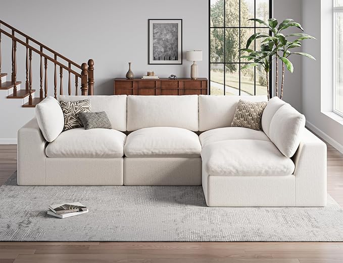 120" Cloud Sectional Couch | Oversize Boneless Couches for Living Room | 4 Seater L-Shape Sofa | Ivory White
