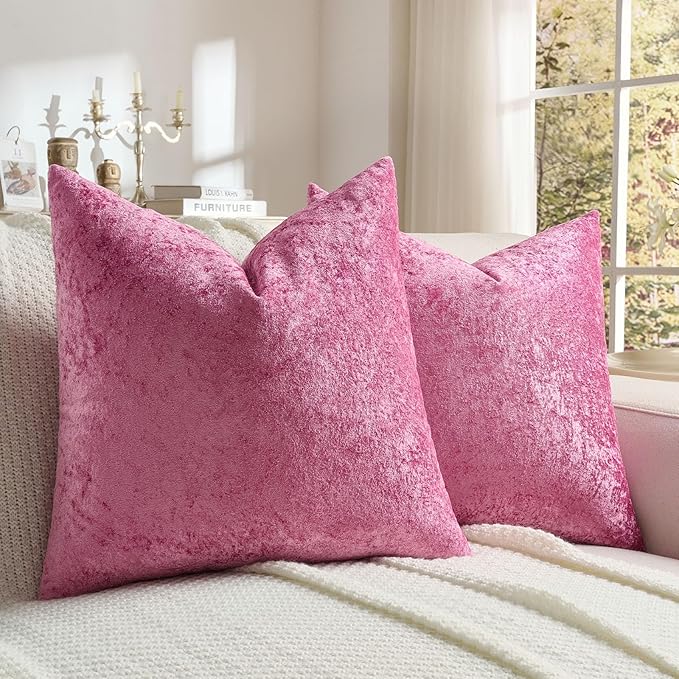 FUTEI Hot Pink Flannel Throw Pillow Covers 26x26 Inch Set of 2,Soft Dimensional Textured Euro Pillow Shams,Modern Home Decor for Couch Living Room