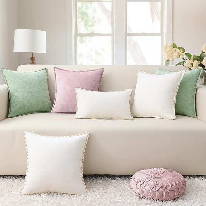 decorUhome Christmas Chenille Soft Throw Pillow Covers 24x24 Set of 2, Farmhouse Velvet Neutral Decorative Euro Pillow Covers with Stitched Edge for Couch Sofa Bed Home Decor, Sage Green