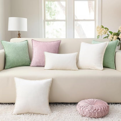 decorUhome Christmas Chenille Soft Throw Pillow Covers 12x20 Set of 2, Lumbar Velvet Farmhouse Neutral Decorative Euro Pillow Covers with Stitched Edge for Couch Sofa Bed Home Decor, Sage Green