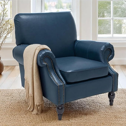Accent Chair,22.4" Seat Depth Armchair with Roll Arms,36.6W*34.3D*34.6H Living Room Chair,Wood Legs,Set of 1,Faux Leather in Navy