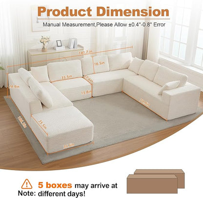 Modular Sectional Cloud Couch for Living Room,Modern Boneless Couche Set with Plush Corduroy,Comfy Floor Sofa with Memory Foam,Stupendous U Shaped Sofa with Chaise,No Assembly Required,Beige
