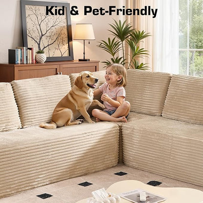 Weaxty Cloud Sectional Couch for Living Room, Oversized L Shaped Boneless Couches, Plush Corduroy Memory Foam Deep Seat Floor Sofa, No Assembly Required，Beige