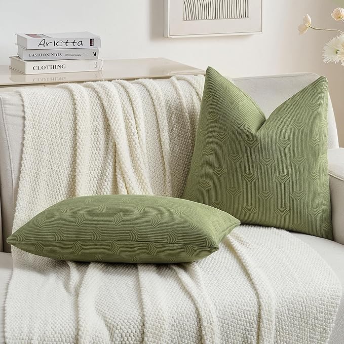FUTEI Moss Green Chenille Decorative Throw Pillow Covers 26x26 Inch Set of 2,Soft Cozy Striped Geometric Patterns Euro Pillow Sham,Modern Home Decor for Couch Bed Living Room