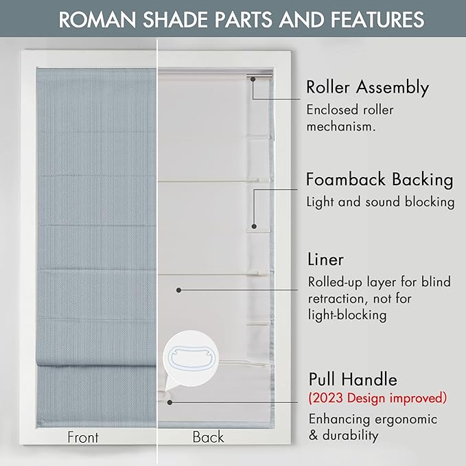 Madison Park Galen Cordless Roman Shade, 35"W x 64"H, Sheen Blue – Room Darkening, Thermal Insulated, Energy Efficient Window Blind with Subtle Sheen Basketweave Fabric for Privacy
