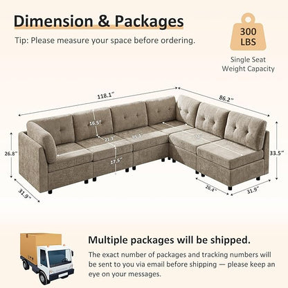 VANOMi 6 Seat Modular Cloud Sofa, 118" Convertible Sectional Cloud Sofas & Couches for Living Room, Comfy Chenille Sectional Couch Sofa for Living Room, Apartment, Office, Camel, L/U Shaped