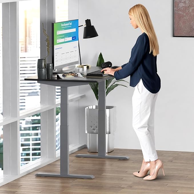 Rise UP Dual Motor Electric Standing Desk 60x30 Black Bamboo Desktop Premium Ergonomic Adjustable Height sit Stand up Home Office Computer Desk Table Motorized Powered Modern Furniture Small Standup