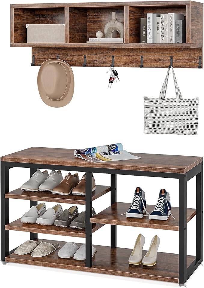 LITTLE TREE Coat Shoe Rack, Hall Tree Entryway Bench Set for Hallway, Living Room, Bedroom, Brown