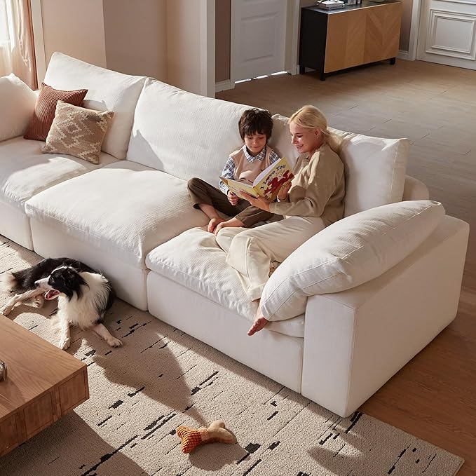 Modular Cloud Sofa, 141.7" Cloud Sectional Couches with Deep Seat, U-Shape 4-Seat Couch with Ottoman for Living Room, Modern Comfy Couch with Washable Cover, Wide Armrest (White,2 Ottomans)