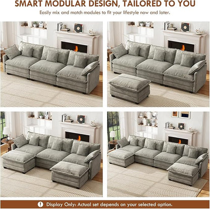 WorthFurni 146” Oversized Modular Sectional Sofa, U Shaped Cloud Couch Set for Living Room, 4-Seater Comfy Chenille Couches with 2 Movable Ottomans, DIY Combination （Grey）