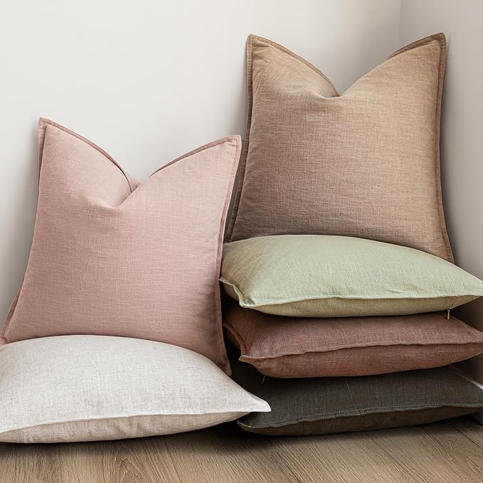 Foindtower Pack of 2, Decorative Linen Solid Throw Pillow Covers Soft Accent Cushion Case Boho Farmhouse Pillowcase for Chair Couch Sofa Bedroom Living Room Home Decor 24 x 24 Inch Light Sage Green
