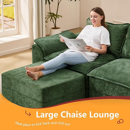 Hobestluk 120" Cloud Modular Sectional Couch 3-Seater Sofa with Ottoman L Shaped Sofa with Removable Cover Large Sofa Couch for Living Room (Green, 3-Seater Sofa with One Ottoman)