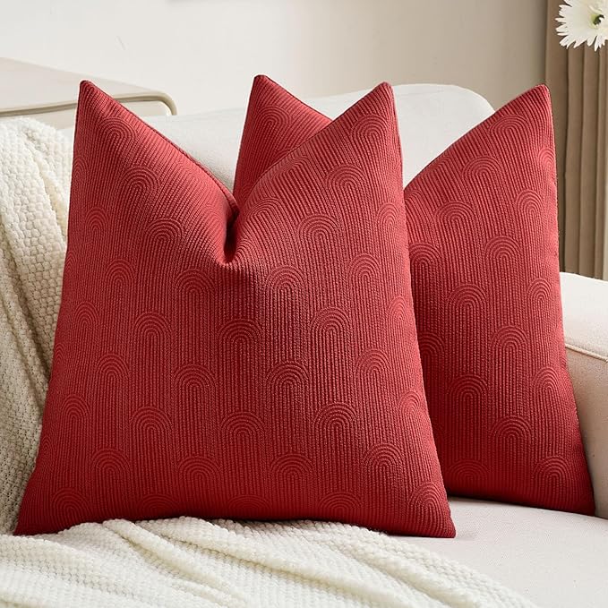 FUTEI Christmas Red Chenille Decorative Throw Pillow Covers 18x18 Inch Set of 2,Soft Cozy Striped Geometric Patterns Cushion Cases,Modern Home Decor for Couch Bed Living Room
