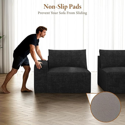 Vesgantti 114" Modular Sectional Boneless Couch, Modern 3 Seater Sofa with Ottoman & Deep Seat, Convertible Chenille L Shaped Cloud Couches for Living Room, No Assembly Required, Black