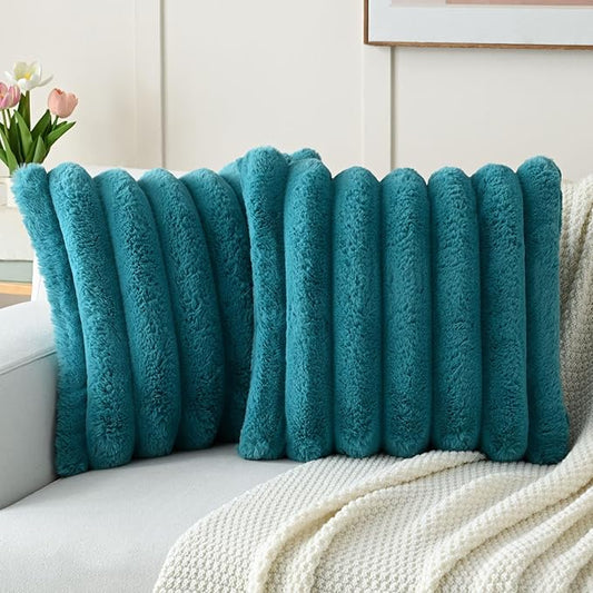 FUTEI Teal Decorative Throw Pillow Covers 18x18 Inch Set of 2, Square Soft Faux Rabbit Fur Thick Striped Cushion Cover,Winter Home Decor for Couch Bed Living Room