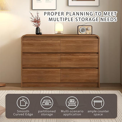 6 Drawer Dresser For Bedroom 55 Inch Wood Chest of Drawers - Curved Anti Collision, Mid Century Dresser For Closet with Natural Texture & Pre-Embedded Slots for TV Stand, Living Room, Nursery