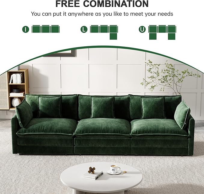 Modular Sectional Sofa, 111.5 Inch I-Shaped Cloud Sofa with Deep Seat Chenille Sofa with Cushions, Three-Self Sectional Sofa for Living Room Apartment,Evergreen