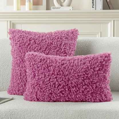 FUTEI Hot Pink Decorative Throw Pillow Covers 24x24 Inch Set of 2,Soft Fluffy Faux Wool Fur Boucle Textured European Cushion Case,Modern Home Decor for Couch Bed Living Room Office