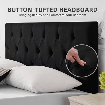 Linen Fabric Upholstered Headboard Queen Size, Modern Diamond Tufting Solid Wood Queen Headboard Only, Adjustable Height from 37” to 51” Head Board, Bed Frame or Wall Mount Headboards, Black