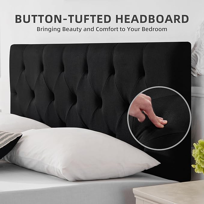 Linen Upholstered Headboard Twin Size, Diamond Tufting Solid Wood Twin XL Headboard Only, Adjustable Height from 37” to 51” Head Board, Dorm Bed Frame or Wall Mount Headboards, Black