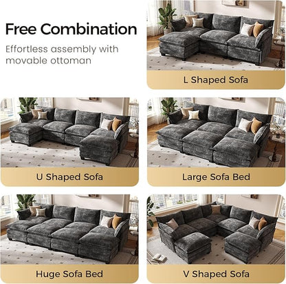 KKL 120" Modular Sectional Sofa, Large V Shape 7 Seater Convertible J/L/U-Shaped Modern Sectional Couch with Ottoman, Chenille Sectional Couches for Living Room, Apartment, Grey