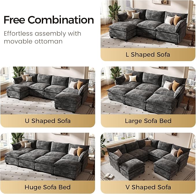 KKL Modular Sectional Sofa, L-Shaped 4 Seater Cloud Couch with Ottoman, Chenille Modern Sectional Couches for Living Room, Apartment, Grey