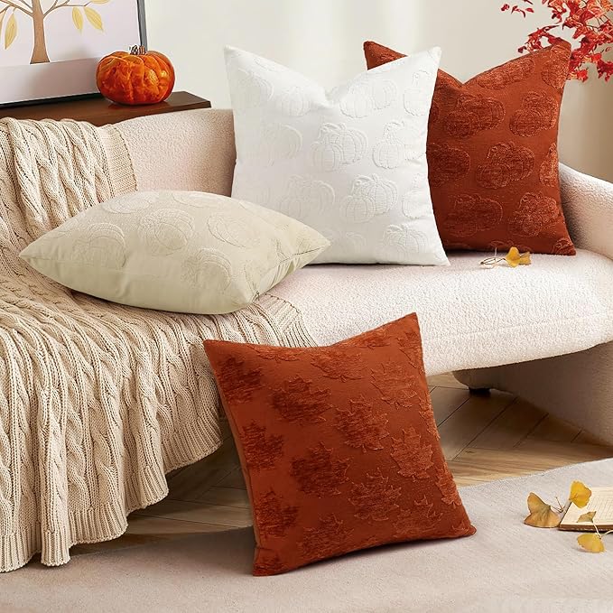 decorUhome Decorative Two Cream White Pumpkins Thanksgiving Throw Pillow Covers 12x20 Set of 2, Soft Chenille Jacquard Farmhouse Textured Pillow Covers for Couch Sofa Autumn Harvest Halloween Holiday