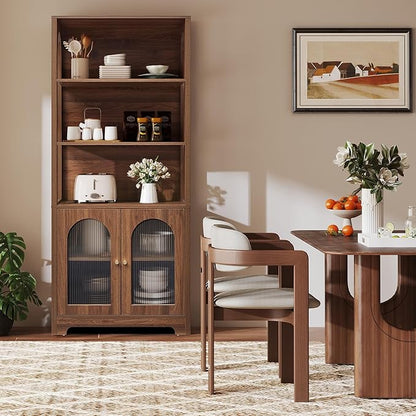 RARZOE 71" Tall Bookshelf and Bookcase, 5-Tier Arched Bookshelf with Glass Doors, Floor Standing 5 Shelf Book case, Wood Display Cabinet Storage Organizer for Living Room, Bedroom, Office(Walnut)