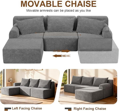 JSLOVE Modular L-Shape Sectional Sofa with Chaise, 3 Seat Movable Boneless Cloud Couch in One Box, Sofa Couch Bed with Ultra-Soft Corduroy Fabric, No Assembly Required for Living Room, Bedroom(Grey)