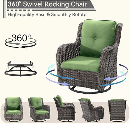 2 Pieces Outdoor Swivel Rocker Patio Chairs Set - Outdoor Wicker Patio Conversation Sets with 1 Side Table, Olefin Fabric Cushions Suitable for Backyard Deck and Porch, Green