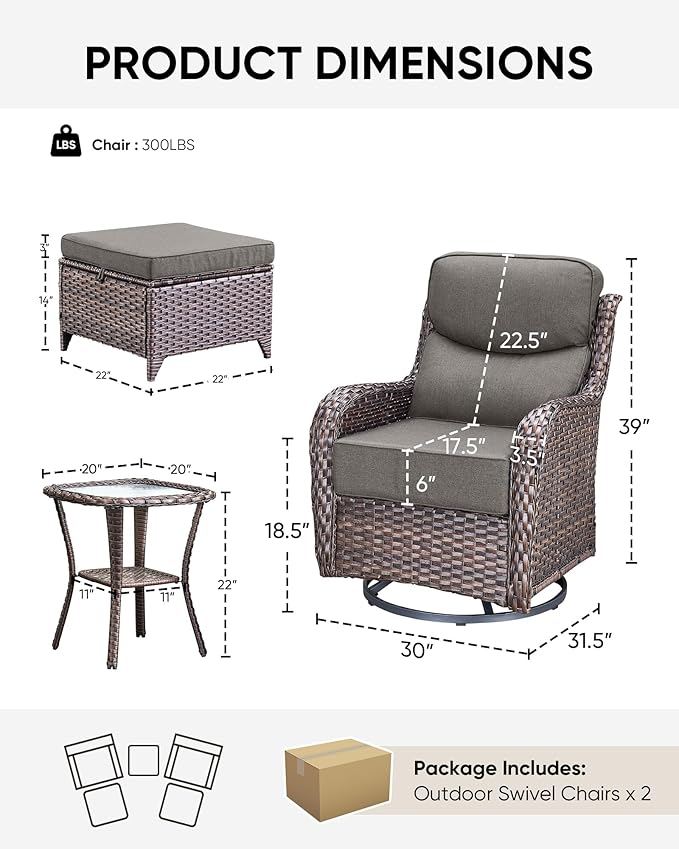 HUMMUH Wicker Patio Furniture Set 6inch Thick Cushion Deep Seat Outdoor Swivel Rocker Patio Chairs Set of 2 with Ottomans Conversation Set for Porch Garden Deck