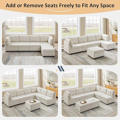 VANOMi 4 Seat Modular Sectional Sofa with Ottoman, 118" Cloud Sofas & Couches, Cozy Chenille Sectional Couches for Living Room, Apartment, Office, Beige, L Shaped