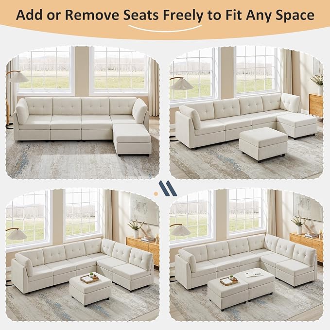 VANOMi 6 Seat Modular Sectional Sofa with 2 Ottomans, 118" Convertible Modular Cloud Sofa Bed, Comfy Chenille Sofas & Couches for Living Room, Apartment, Office, Beige, Large Sofa Bed