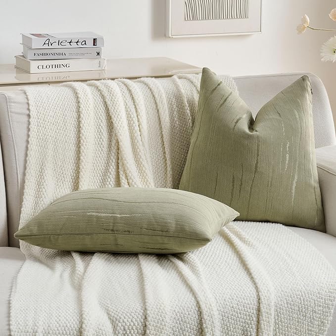 FUTEI Olive Green Chenille Decorative Throw Pillow Covers 26x26 Inch Set of 2,Soft Embossed Striped Textured Euro Pillow Shams,Modern Home Decor for Couch Bed Living Room