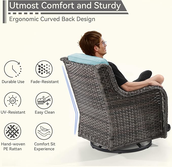 3 Pieces Outdoor Furniture Set - Patio Wicker Swivel Rocker Chair Set of 2 and 1 Side Table, Light Blue, Mixed Brown Rattan, Suitable for Porch, Yard