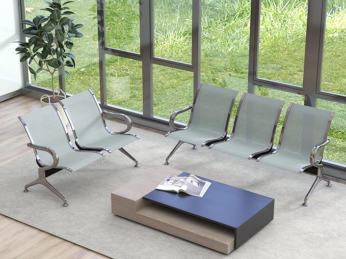 Kinsuite 5-Seat Reception Chair - 2pcs Waiting Room Chairs with Arms & Stainless Steel Frame, Waiting Room Bench, Lobby Chairs for Office Airport Bank Hospital, Silver