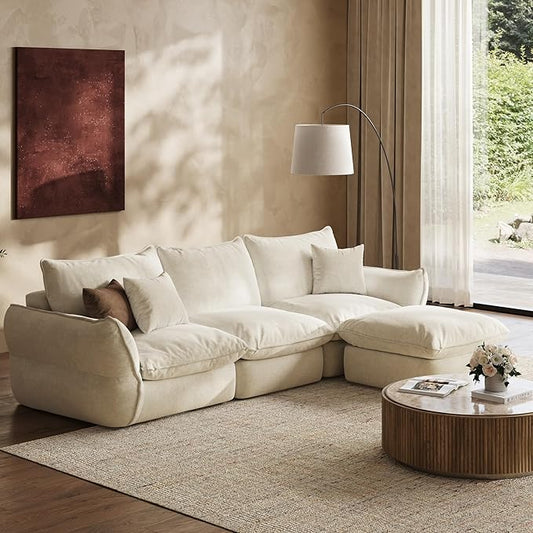 106'' Down Blend L-Shaped Sectional Sofa, Deep Seat Feather-Filled Cushions, Oversized Cloud Couch with Sink-in Comfort, Modern Living Room Sofa – Ivory White