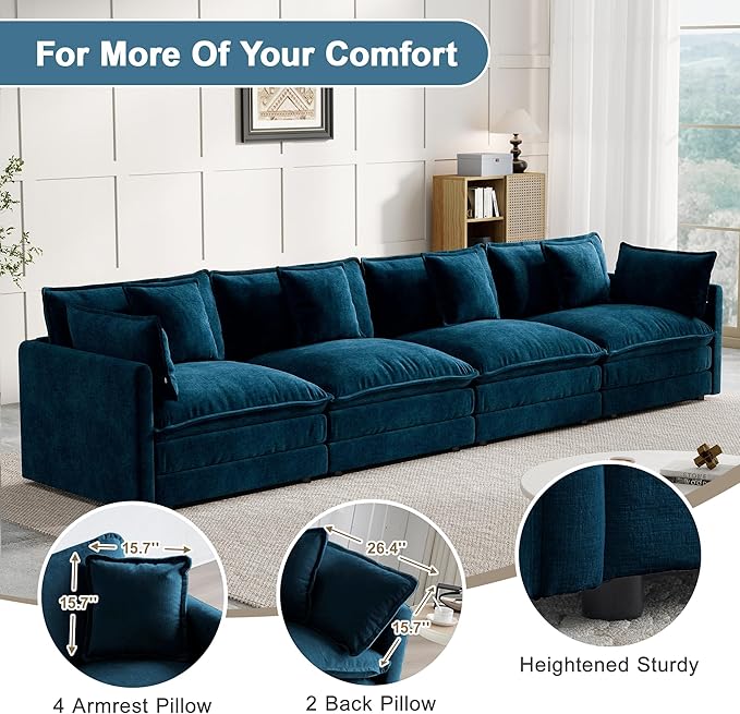 Modular Sectional Sofa, 146.5 Inch I-Shaped Cloud Sofa with Deep Seat Chenille Sofa with Cushions, Four Seater Sectional Sofa for Living Room Apartment,Blue