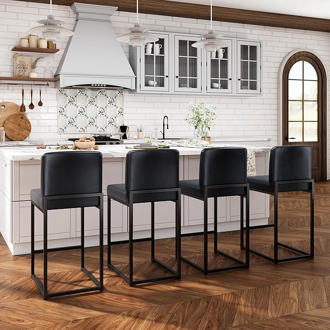 ALPHA HOME 24 Inch Bar Stools Set of 4, Kitchen Counter Stools with Backs, PU Leather Barstools, Kitchen Stools with Back&Upholstered Footrest, Sturdy Chromed Metal Steel Frame, Midnight Blue