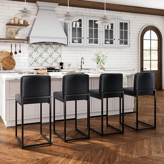 ALPHA HOME 24 Inch Bar Stools, Kitchen Counter Stools with Backs, PU Leather Barstools, Kitchen Stools with Back&Upholstered Footrest, Sturdy Chromed Metal Steel Frame, Midnight Blue