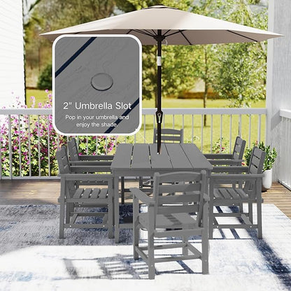 7 Piece Patio Dining Set with 11ft Patio Umbrella (Red), 7 Gray Outdoor HDPE Dining Set with 6 Chairs + 1 Large Table with 2" Umbrella Hole, for Market, Pool, Garden, Backyard, Deck