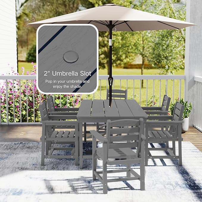 7 Piece Patio Dining Set with 11ft Patio Umbrella (Rose Pink), 7 Gray Outdoor HDPE Dining Set with 6 Chairs + 1 Large Table, for Market, Pool, Garden, Backyard, Deck